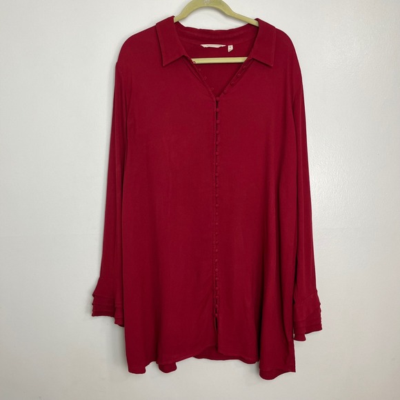 Soft Surroundings Red Sonnet Button Front‎ Ruffled Sleeve Tunic Poet Blouse 2X - Picture 2 of 7